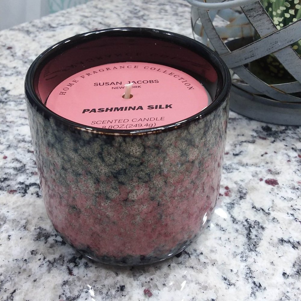 Beautiful Susan Jacobs ceramic fired pink Gray candle, Pashmina silk.